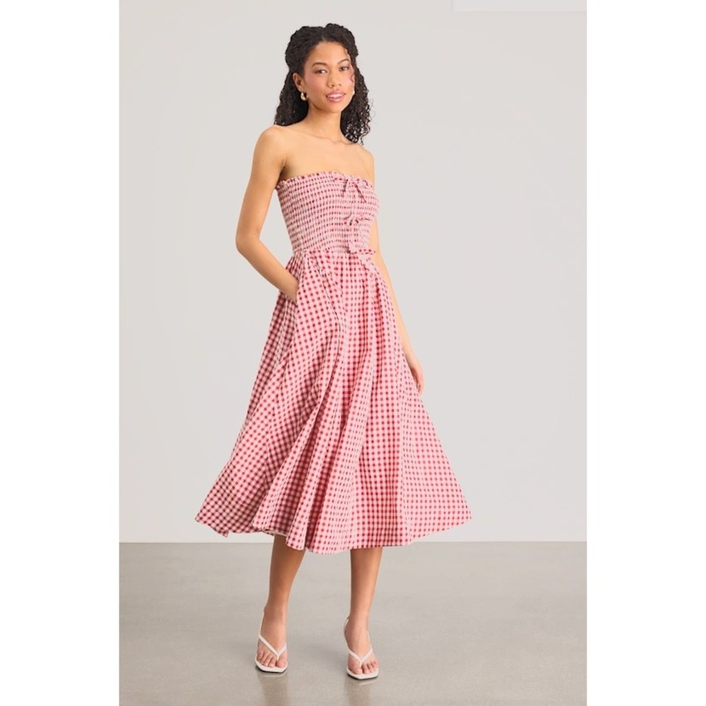 Lulus Red Gingham Strapless Smocked Midi Dress with Pockets Size L